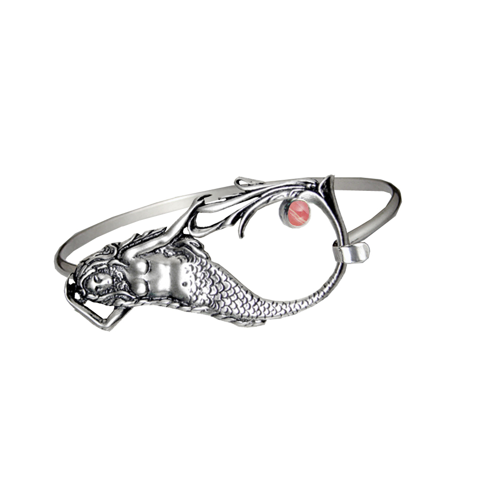 Sterling Silver Mermaid Strap Latch Spring Hook Bangle Bracelet With Rhodocrosite